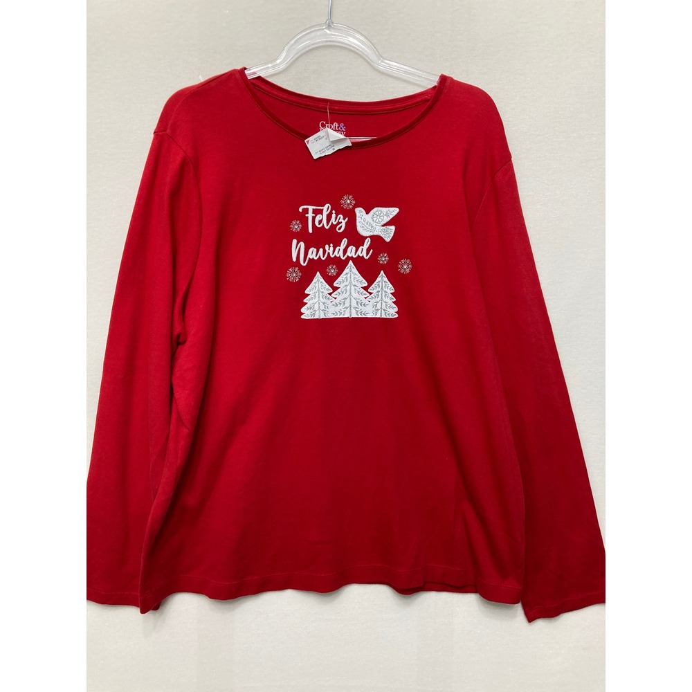 New Croft & Barrow Graphic Tee XXL Red Feliz Navidad Christmas Holiday Glitter